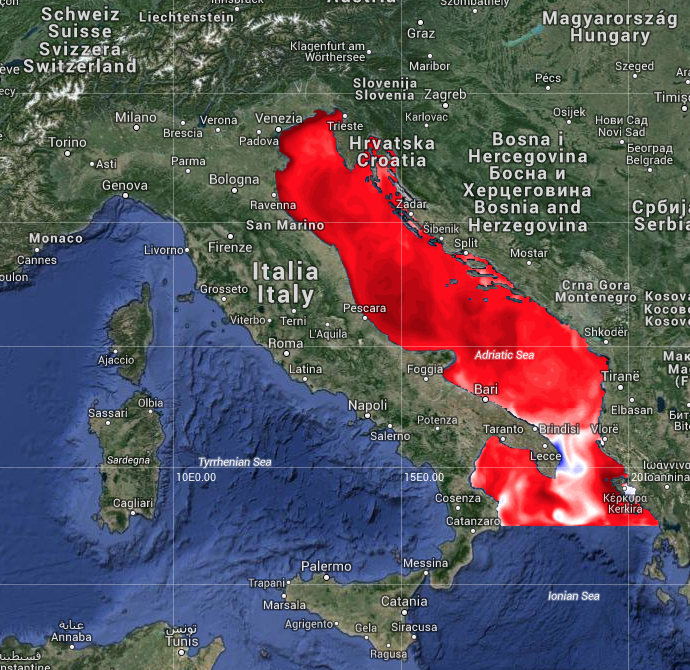 Anomalia di temperatura del Mar Adriatico (fonte INGV  - CMCC) 