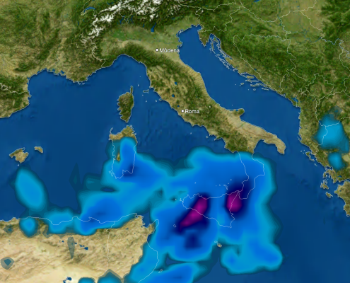 Mappa delle precipitazioni previste in italia mercoledì pomeriggio; bel tempo al nord, piogge anche torrenziali al sud (scala colorimetri indicativa, fucsia: piogge estreme)